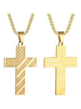 Gold American Flag Cross Necklace for Men Stainless Steel Box Chain 22+2 inch NW